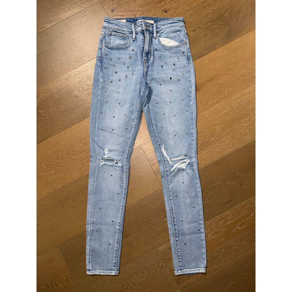 Levis Premium 721 High Rise Skinny Jeans Star Studded Distressed Blue Denim 25